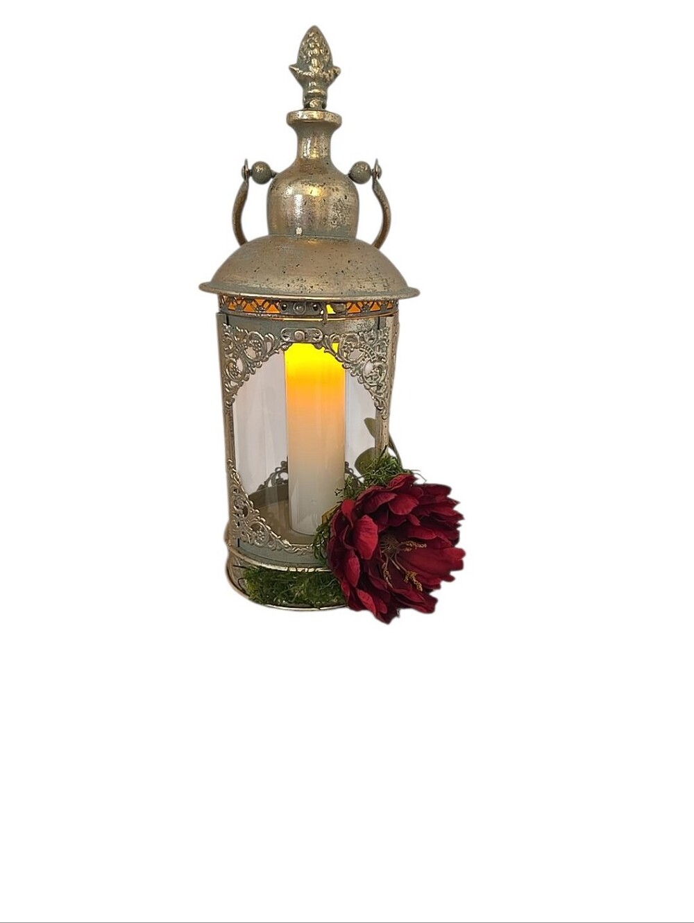 Hand Decorated Vintage Style Lantern Burgundy Floral Flameless Candle 15